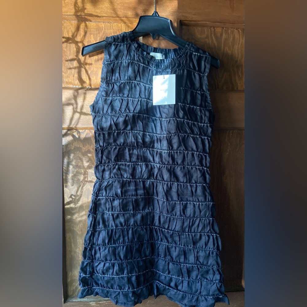 DISSH DAVINA BLACK SHIRRED MINI DRESS. 100% Linen.